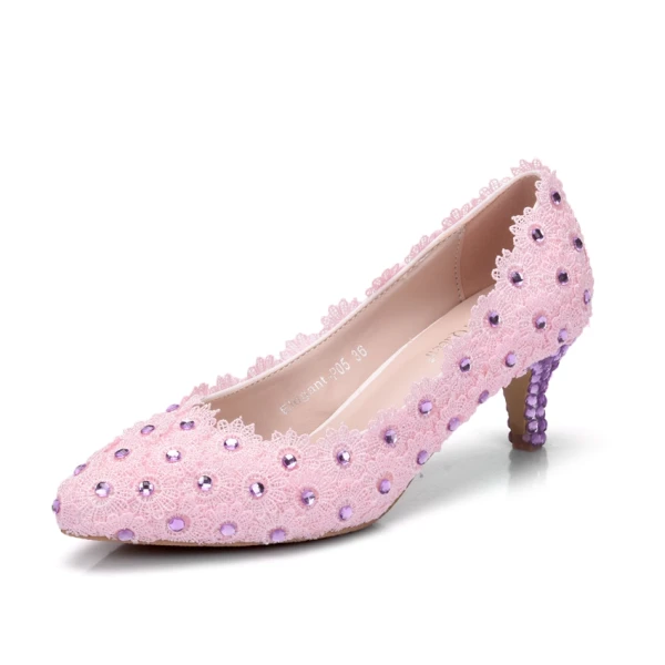 Lovely Candy Pink Wedding Shoes 2018 Lace Rhinestone 5 cm Stiletto Heels Pointed Toe Wedding Pumps