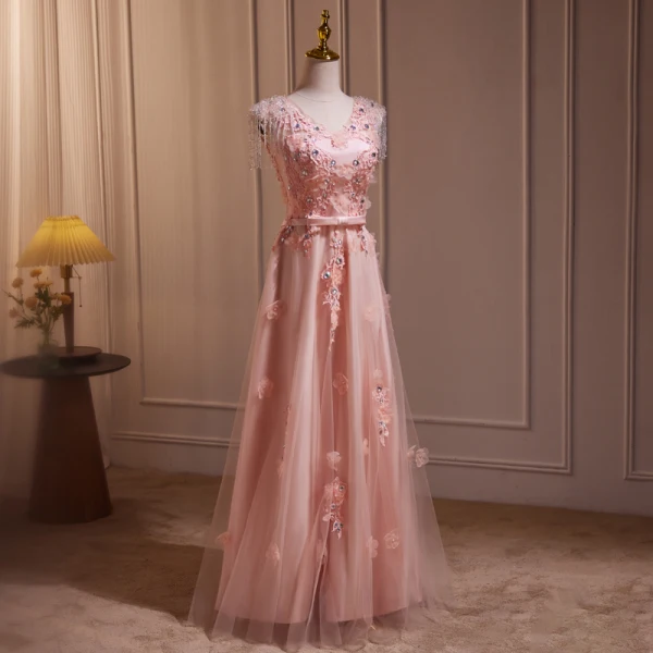 Chic / Beautiful Blushing Pink Beading Appliques Lace Flower Prom Dresses 2024 A-Line / Princess V-Neck Sleeveless Backless Floor-Length / Long Prom Formal Dresses