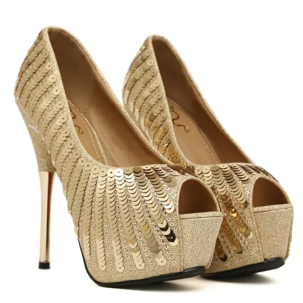 Sparkly Gull Aften Damesko 2018 Paljetter 12 cm Stiletthæler Peep Toe Pumps