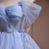 Charming Sky Blue Glitter Appliques Short Party Dresses 2024 Off-The-Shoulder Short Sleeve Backless Formal Dresses