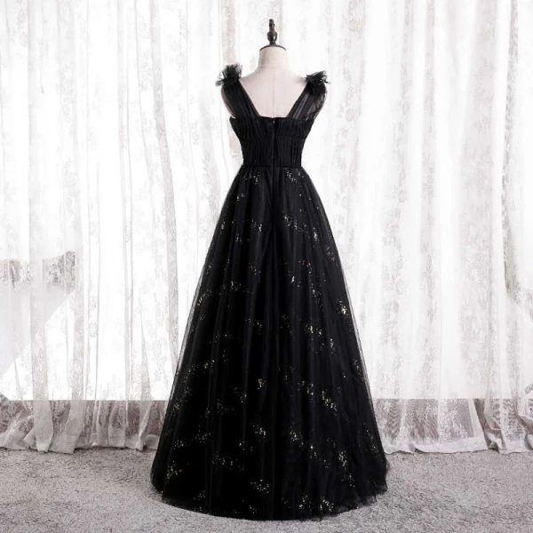 Chic / Belle Noire Robe De Bal 2021 Princesse V-Cou Volants Faux Diamant Paillettes Longue Sans Manches Dos Nu Robe De Ceremonie