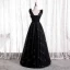 Chic / Belle Noire Robe De Bal 2021 Princesse V-Cou Volants Faux Diamant Paillettes Longue Sans Manches Dos Nu Robe De Ceremonie