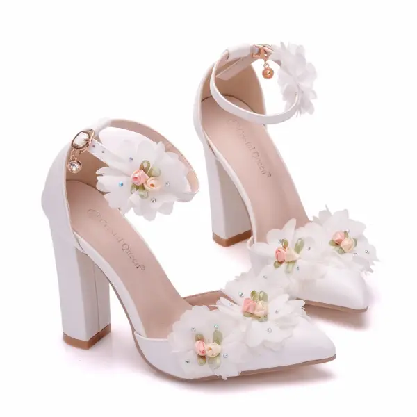 Modern / Fashion White Outdoor / Garden Womens Shoes 2018 Appliques Ankle Strap 10 cm Thick Heels Pointed Toe High Heels
