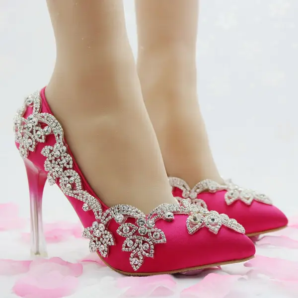 Chic / Beautiful Fuchsia Evening Party Pumps 2018 Rhinestone 8 cm Stiletto Heels Pointed Toe Pumps