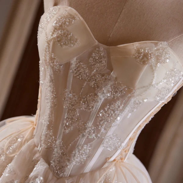 Sexy Ivory / Creme Perlenstickerei Pailletten Kurze Partykleider 2024 Bandeau Ärmellos Rückenfreies Cocktail Abend Festliche Kleider