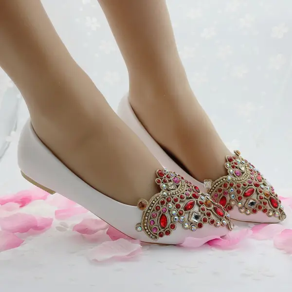 Snygga / Fina Vita Casual Damskor 2018 Kristall Rhinestone Spetsiga Platt