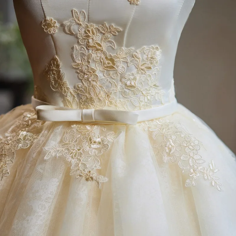Modest Simple Champagne Lace Flower Bow Sash Short Party Dresses 2024 Ball Gown Backless Modest Simple Champagne Lace Flower Bow Sash Short Party Dresses 2024 Ball Gown Backless
