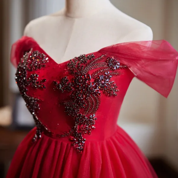 Chic / Beautiful Red Beading Short Prom Dresses 2024 Ball Gown Off-The-Shoulder Short Sleeve Backless Prom Formal Dresses