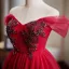 Chic / Beautiful Red Beading Short Prom Dresses 2024 Ball Gown Off-The-Shoulder Short Sleeve Backless Prom Formal Dresses
