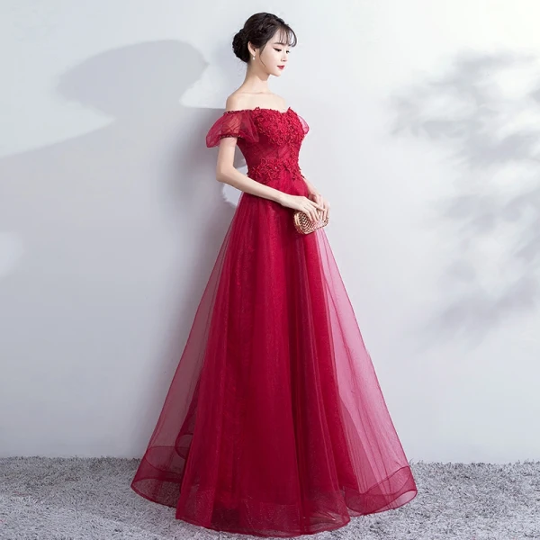Elegant Burgundy Prom Dresses 2018 Empire Lace Flower Crystal Beading Off-The-Shoulder Backless Sleeveless Floor-Length / Long Formal Dresses