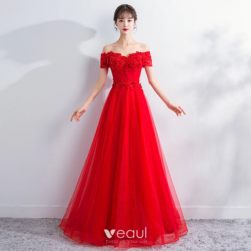 Hermoso Vestidos de gala 2018 A Line Princess Con Encaje Flor Crystal Rebordear Fuera Del Hombro Sin Mangas Largos Vestidos Formales