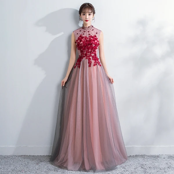 Chinese style Evening Dresses  2018 A-Line / Princess Crystal Lace Flower Appliques High Neck Backless See-through Sleeveless Floor-Length / Long Formal Dresses