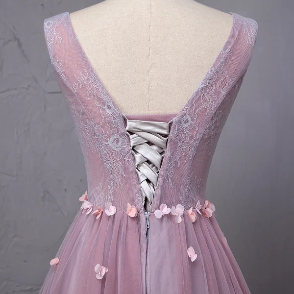 Elegant Blushing Pink Prom Dresses 2018 A-Line / Princess Appliques Crystal Pearl V-Neck Backless Sleeveless Floor-Length / Long Formal Dresses
