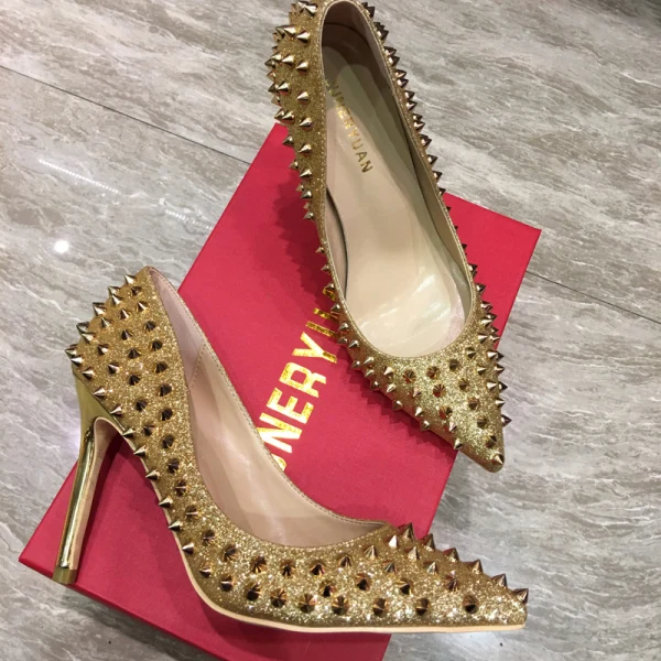 Scintillantes Promo Escarpins 2018 Glitter Paillettes Rivet Cuir 12 cm Talons Aiguilles À Bout Pointu Escarpins
