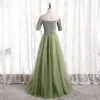 Glamorous Sage Green Prom Dresses 2021 A-Line / Princess Scoop Neck Suede 1/2 Sleeves Backless Floor-Length / Long Formal Dresses