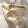 Modest / Simple Beige Wedding Shoes 2018 Lace Leather 9 cm Stiletto Heels Pointed Toe Wedding Pumps