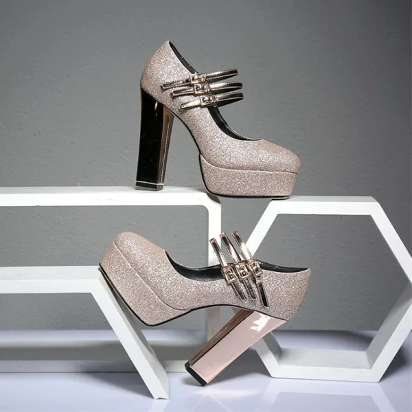 Bling Bling Gold Womens Shoes 2018 Evening Party Sequins Buckle 12 cm Thick Heels Platform Round Toe Pumps