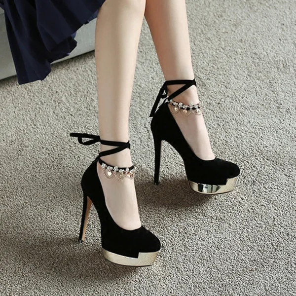 Sexy Black Womens Shoes 2018 Evening Party Metal Rhinestone Ankle Strap 13 cm Stiletto Heels Platform Round Toe Pumps