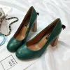 Vintage Dark Green Casual Womens Shoes 2018 Bow 8 cm Thick Heels Round Toe Pumps