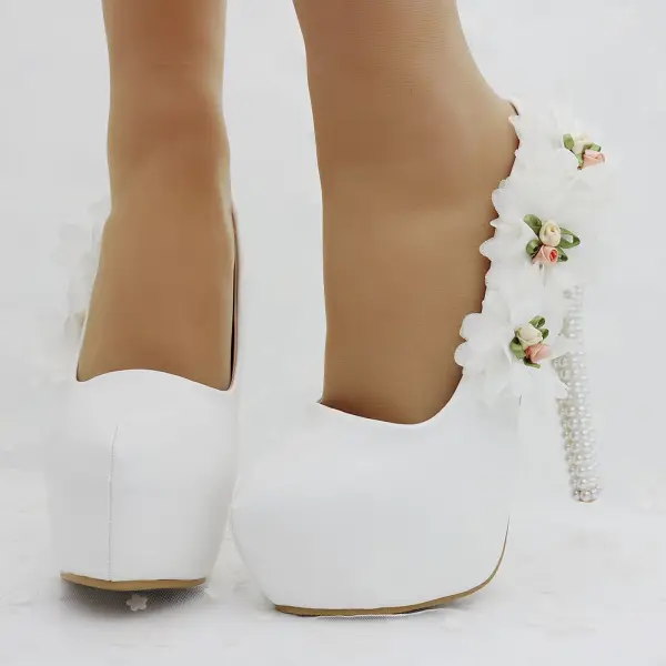Modern / Fashion Ivory Evening Party Pumps 2018 Appliques 14 cm Pearl Stiletto Heels Round Toe Pumps