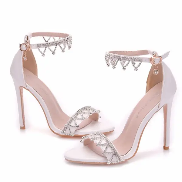 Moderne / Mode Blanche Soirée Sandales Femme 2018 Faux Diamant Bride Cheville 11 cm Talons Aiguilles Peep Toes / Bout Ouvert Sandales