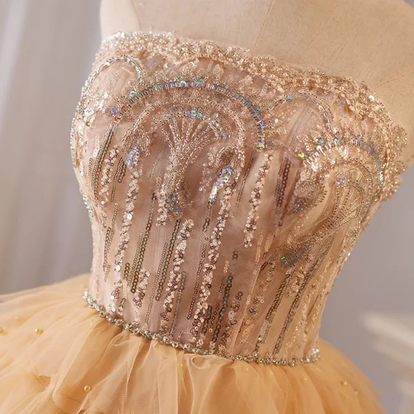 Sexy Gold Beading Sequins Cascading Ruffles Short Prom Dresses Party Dresses 2024 Ball Gown Strapless Sleeveless Backless Prom Party Dresses