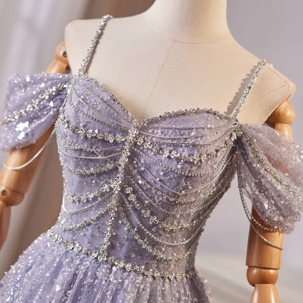 Bling Bling Lavender Beading Rhinestone Sequins Prom Dresses 2024 Ball Gown Off-The-Shoulder Short Sleeve Backless Floor-Length / Long Prom Formal Dresses