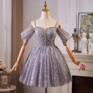 Sexy Lavender Beading Pearl Rhinestone Sequins Short Party Dresses 2024 A Line Princess Spaghetti Straps Sleeveless Backless Tulle Formal Dresses