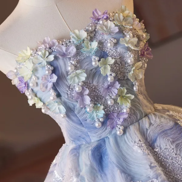 Charming Sexy Sky Blue Beading Pearl Sequins Appliques Short Party Dresses 2025 Ball Gown Strapless Sleeveless Backless Cocktail Party Evening Party
