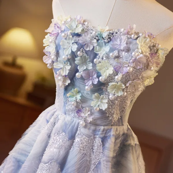 Märchen Himmelblau Perlenstickerei Applikationen Perle Pailletten Ballkleider 2025 Ballkleid Bandeau Ärmellos Rückenfreies Lange Ball Festliche Kleider