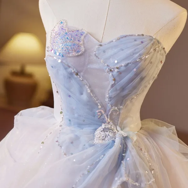 Sexy Sky Blue Beading Pearl Sequins Party Dresses 2025 Ball Gown Strapless Sleeveless Backless Floor-Length / Long Cocktail Party Evening Party Formal Dresses