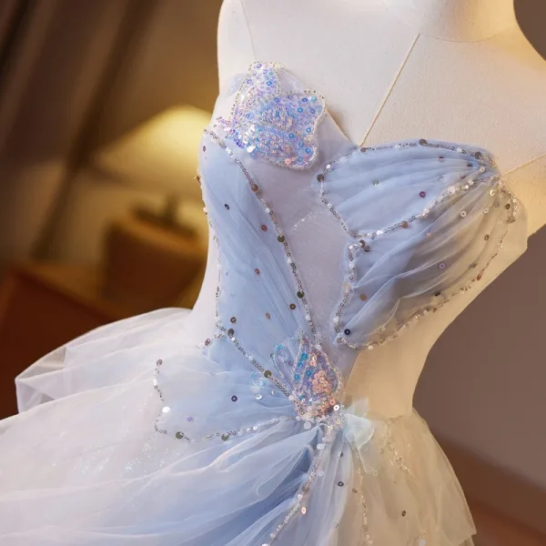 Chic / Beautiful Sky Blue Beading Pearl Sequins Prom Dresses 2025 Ball Gown Strapless Sleeveless Backless Floor-Length / Long Prom Formal Dresses
