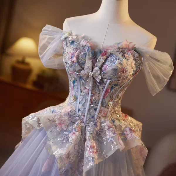 Flower Fairy Lavender Beading Lace Flower Pearl Sequins Prom Dresses 2025 Ball Gown Off-The-Shoulder Short Sleeve Backless Floor-Length / Long Prom Formal Dresses