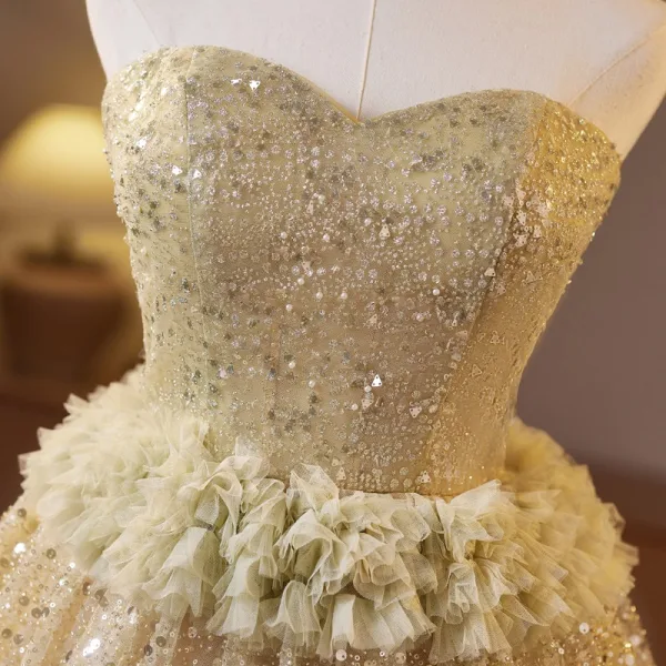 Sparkly Gold Beading Pearl Sequins Short Party Dresses 2025 A-Line / Princess Strapless Sleeveless Backless Cocktail Party Evening Party Formal Dresses
