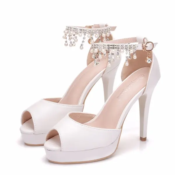 Modern / Fashion White Wedding Shoes 2018 Pearl Rhinestone Tassel 11 cm Stiletto Heels Open / Peep Toe Wedding High Heels
