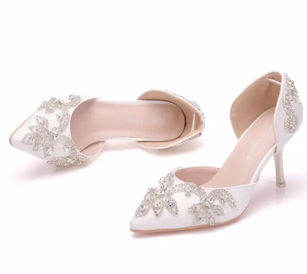 Schöne Weiß Brautschuhe 2018 Strass 8 cm Stilettos Spitzschuh Hochzeit Hochhackige