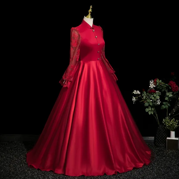 Vintage / Retro Burgundy Lace Flower Prom Dresses 2025 High Neck Long Sleeve Floor-Length / Long Prom Formal Dresses A-Line / Princess