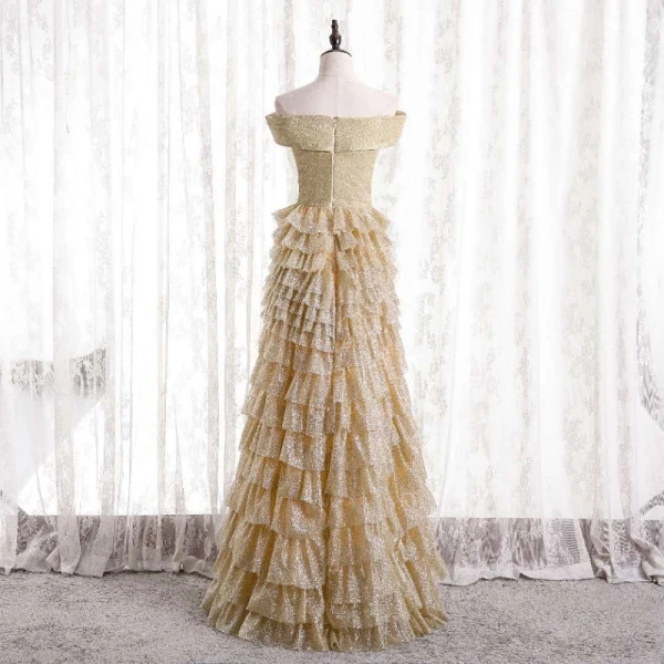 Glitzernden Sexy Gold Rüschen Abendkleider 2021 A Linie Off Shoulder Pailletten Kurze Ärmel Rückenfreies Lange Festliche Kleider