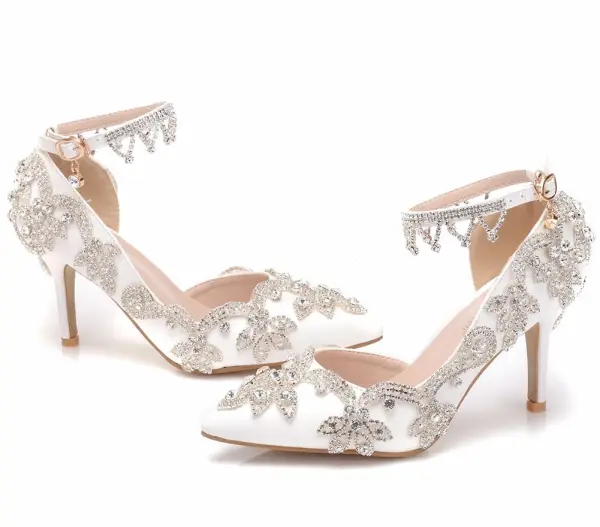 Mode Vita Brudskor 2018 Rhinestone 8 cm Stilettklackar Spetsiga Bröllop Högklackade