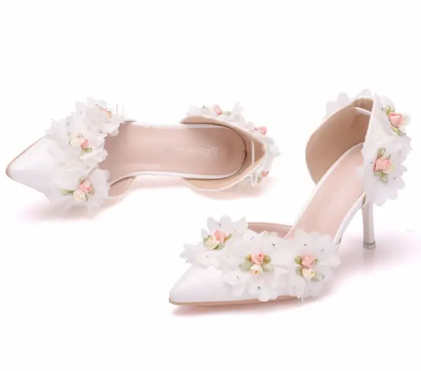 Elegant White Wedding Shoes 2018 Appliques Rhinestone 8 cm Stiletto Heels Pointed Toe Wedding High Heels