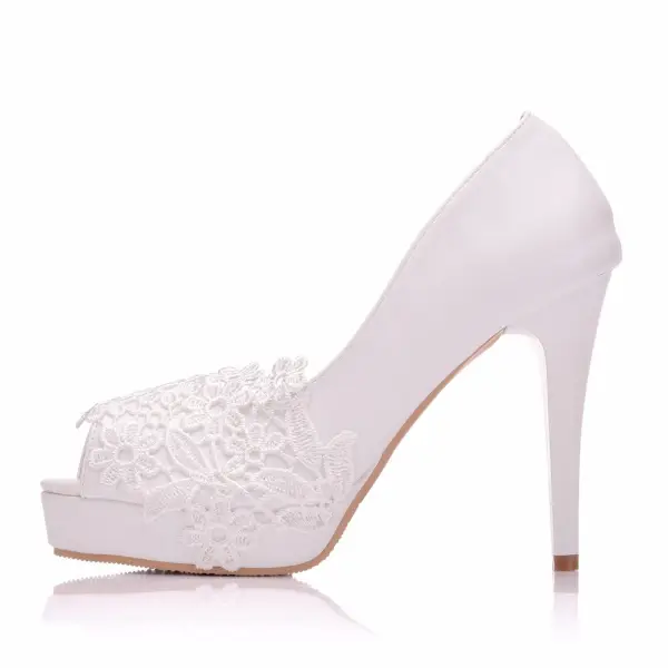 Chic / Beautiful White Wedding Shoes 2018 Lace 11 cm Stiletto Heels Open / Peep Toe Wedding High Heels