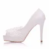 Chic / Beautiful White Wedding Shoes 2018 Lace 11 cm Stiletto Heels Open / Peep Toe Wedding High Heels