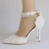 Chic / Beautiful Black Wedding Shoes 2018 Pearl Lace Ankle Strap 9 cm Stiletto Heels Pointed Toe Wedding High Heels
