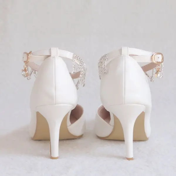 Proste / Simple Białe Buty Ślubne 2018 Rhinestone 8 cm Szpilki Szpiczaste Ślub Wysokie Obcasy