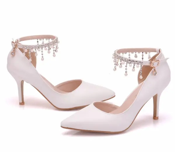 Modest / Simple White Wedding Shoes 2018 Pearl Rhinestone Tassel 8 cm Stiletto Heels Pointed Toe Wedding High Heels
