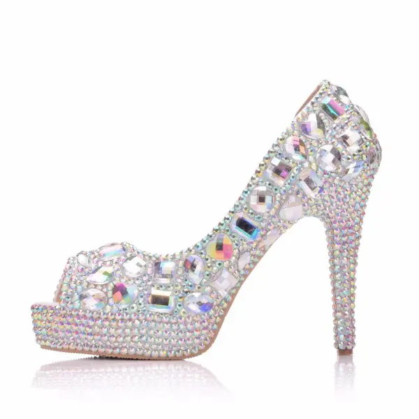 Amazing / Unique Silver Wedding Shoes 2018 Crystal 11 cm Stiletto Heels Open / Peep Toe Wedding High Heels