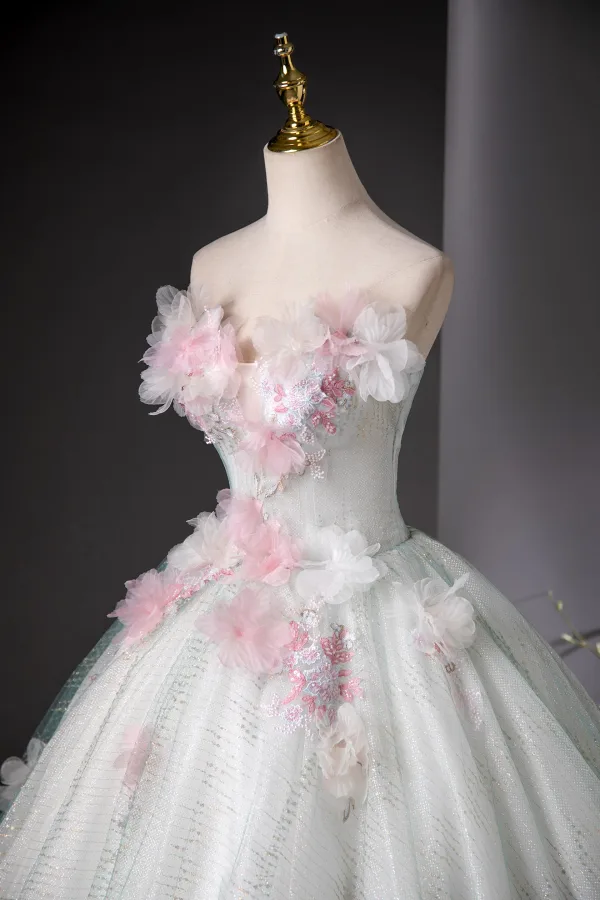 Bling Bling Mint Green Beading Sequins Pearl Lace Flower Appliques Prom Dresses 2025 Ball Gown Strapless Sleeveless Backless Floor-Length / Long Prom