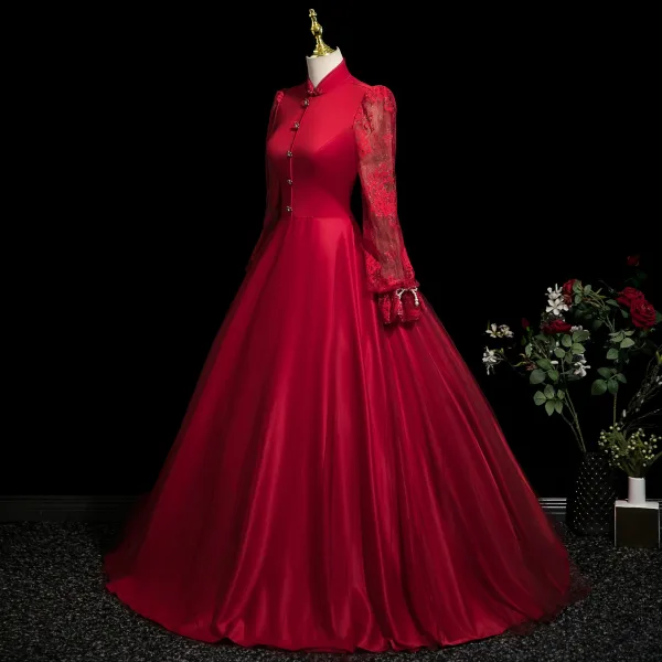 Vintage / Retro Burgundy Lace Flower Prom Dresses 2025 High Neck Long Sleeve Floor-Length / Long Prom Formal Dresses A-Line / Princess
