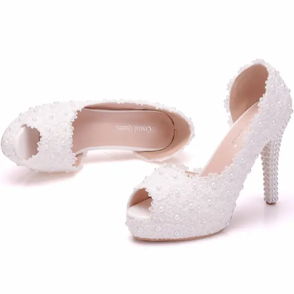 Chic / Beautiful White Wedding Shoes 2018 Lace Pearl 11 cm Thick Heels Open / Peep Toe Wedding High Heels