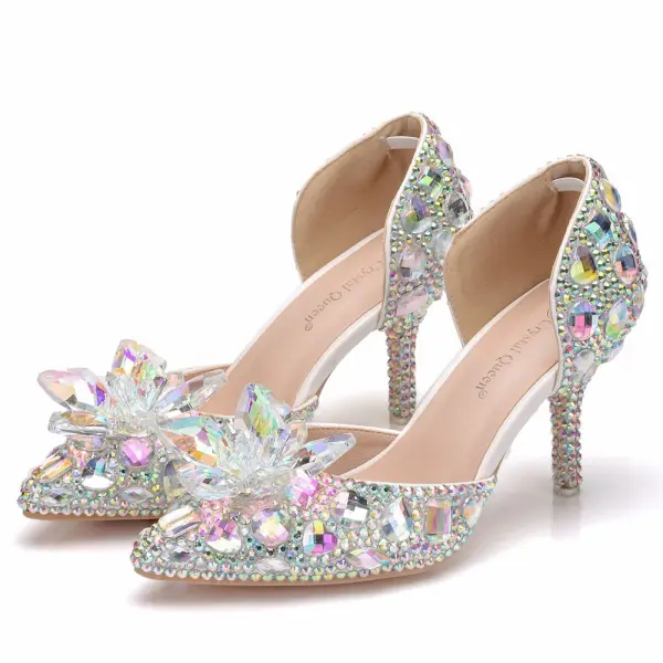 Unika Silver Brudskor 2018 Kristall Rhinestone 7 cm Stilettklackar Spetsiga Bröllop Högklackade